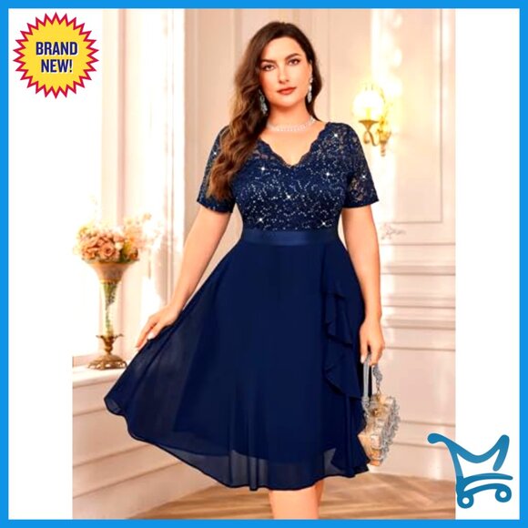 Sequins Lace Chiffon V Neck Flowy Cocktail Prom Midi Dress Elegant Party Wear - Picture 4 of 6